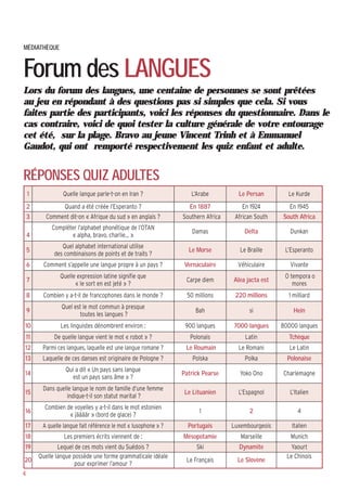 Lors du forum des langues, une centaine de personnes se sont prêtées
au jeu en répondant à des questions pas si simples que cela. Si vous
faites partie des participants, voici les réponses du questionnaire. Dans le
cas contraire, voici de quoi tester la culture générale de votre entourage
cet été, sur la plage. Bravo au jeune Vincent Trinh et à Emmanuel
Gaudot, qui ont remporté respectivement les quiz enfant et adulte.
MÉDIATHÈQUE
Forum des LANGUES
4
RÉPONSES QUIZ ADULTES
1 Quelle langue parle-t-on en Iran ? L’Arabe Le Persan Le Kurde
2 Quand a été créée l’Esperanto ? En 1887 En 1924 En 1945
3 Comment dit-on « Afrique du sud » en anglais ? Southern Africa African South South Africa
4
Compléter l’alphabet phonétique de l’OTAN
« alpha, bravo, charlie… »
Damas Delta Dunkan
5
Quel alphabet international utilise
des combinaisons de points et de traits ?
Le Morse Le Braille L’Esperanto
6 Comment s’appelle une langue propre à un pays ? Vernaculaire Véhiculaire Vivante
7
Quelle expression latine signifie que
« le sort en est jeté » ?
Carpe diem Alea jacta est
O tempora o
mores
8 Combien y a-t-il de francophones dans le monde ? 50 millions 220 millions 1 milliard
9
Quel est le mot commun à presque
toutes les langues ?
Bah si Hein
10 Les linguistes dénombrent environ : 900 langues 7000 langues 80000 langues
11 De quelle langue vient le mot « robot » ? Polonais Latin Tchèque
12 Parmi ces langues, laquelle est une langue romane ? Le Roumain Le Romani Le Latin
13 Laquelle de ces danses est originaire de Pologne ? Polska Polka Polonaise
14
Qui a dit « Un pays sans langue
est un pays sans âme » ?
Patrick Pearse Yoko Ono Charlemagne
15
Dans quelle langue le nom de famille d’une femme
indique-t-il son statut marital ?
Le Lituanien L’Espagnol L’Italien
16
Combien de voyelles y a-t-il dans le mot estonien
« jäääär » (bord de glace) ?
1 2 4
17 A quelle langue fait référence le mot « lusophone » ? Portugais Luxembourgeois Italien
18 Les premiers écrits viennent de : Mésopotamie Marseille Munich
19 Lequel de ces mots vient du Suédois ? Ski Dynamite Yaourt
20
Quelle langue possède une forme grammaticale idéale
pour exprimer l’amour ?
Le Français Le Slovène
Le Chinois
 