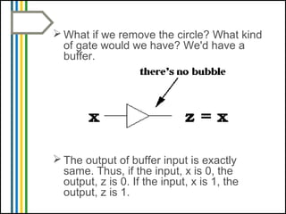  What if we remove the circle? What kind
of gate would we have? We'd have a
buffer.
 The output of buffer input is exactly
same. Thus, if the input, x is 0, the
output, z is 0. If the input, x is 1, the
output, z is 1.
 