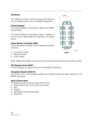 38
E65 Bus Systems
Interfaces
The following contains a brief summary of the tasks of
the connected control units in the MOST framework:
Control Display
The Control Display is the system master of all MOST
bus functions.
The Control Display is the power master. It wakes up
the bus and is responsible for switching it off (power
down).
Audio System Controller (ASK)
The audio system controller has the following controller
functions:
• Connection master
• Network master
• Audio master
More detailed information can be found in the Entertainment and Communication chapter.
CD Changer Audio (CDC)
The CD changer is a slave control unit in the MOST framework.
Navigation System (NAV 01)
The control unit of the navigation system has controller tasks and slave functions in the
MOST framework.
Slave Control Units
The following control units are slave control units:
• Kombi (control unit of the instrument cluster)
• AVT
• LOGIC7
• SVS Speech processing system
• Telephone
KT-9396
 