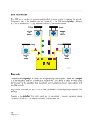 48
E65 Bus Systems
Data Transmission
The ISIS has a number of sensors positioned at strategic points throughout the vehicle.
They are located in the satellites that are connected to the SIM via the byteflight. All sen-
sors are scanned continuously and the data distributed to all satellites.
Diagnosis
Diagnosis of the byteflight is carried out using the Diagnosis Program. Since the byteflight
is a star structure and not a continuous ring like the MOST there is a test module “Data
transmission to the satellites” that can check communication between each satellite and
the SIM module.
Any satellite that does not respond must then be checked individually using a separate Test
Module.
Repairs to the byteflight fiber-optic cable are not permitted. However, complete cables
between the SIM and the affected satellites may be replaced.
KT-8390
Satellite
with
Sensor
Satellite
with
Sensor
Satellite
with
Sensor
Satellite
with
Sensor
 