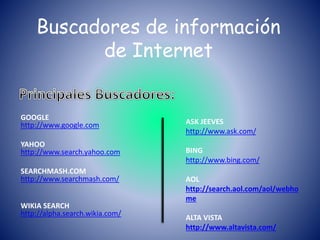 Buscadores de información
de Internet
GOOGLE
http://www.google.com
YAHOO
http://www.search.yahoo.com
SEARCHMASH.COM
http://www.searchmash.com/
WIKIA SEARCH
http://alpha.search.wikia.com/
ASK JEEVES
http://www.ask.com/
BING
http://www.bing.com/
AOL
http://search.aol.com/aol/webho
me
ALTA VISTA
http://www.altavista.com/
 