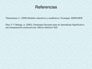 Referencias
Tünnermann, C. (2008).Modelos educativos y académicos. Nicaragua .HISPAMER
Díaz, F. Y Barriga, A. (2002). Estrategias Docentes para un Aprendizaje Significativo:
una interpretación constructivista. México:McGraw Hill
 