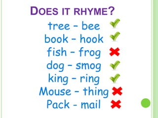 DOES IT RHYME? 
tree – bee 
book – hook 
fish – frog 
dog – smog 
king – ring 
Mouse – thing 
Pack - mail 
 