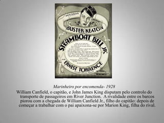 Marinheiro por encomenda- 1928
William Canfield, o capitão, e John James King disputam pelo controlo do
transporte de passageiros em River Junction. A rivalidade entre os barcos
piorou com a chegada de William Canfield Jr., filho do capitão: depois de
começar a trabalhar com o pai apaixona-se por Marion King, filha do rival.

 