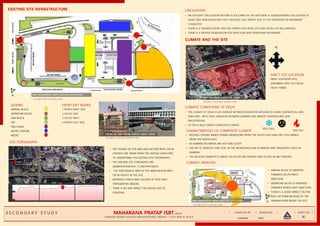 MAHARANA PRATAP ISBT,
I I I I
I I I I I
3C
N.KEERTHI
EXISTING SITE INFRASTRUCTURE
N
LEGEND
ARRIVAL BLOCK
DEPARTURE BLOCK
LINK BLOCK
CBT
TAXI STAND
METRO STATION
NODES
ENTRY EXIT NODES
1 NORTH WEST SIDE
2 SOUTH SIDE
3 SOUTH WEST
4 NORTH EAST SIDE
CIRCULATION
• AN EFFICIENT CIRCULATION PATTERN IS FOLLOWED IN THE ISBT.THERE IS SEGREGATIONIN CIRCULATION OF
BUSES AND NON-BUS(OTHER LIGHT VEHICLES) LESS TRAFFIC DUE TO THE DIFFERENCE IN MOVEMENT
CHARACTER
• THERE IS A SEPARATE ENTRY AND EXIT POINTS FOR INTER-CITY AND INTRA-CITY BUS SERVICES
• THERE IS A PROPER SEGREGATION FOR VEHICULAR AND PEDESTRIAN MOVEMENT.
SITE TOPOGRAPHY
• THE FIGURES OF SITE MAP AND SECTION WITH 250 M
CONTEXT ARE TAKEN FROM THE GOOGLE EARTH PRO
TO UNDERSTAND THE EXISTING SITE TOPOGRAPHY
• THE EXISTING SITE CORDINATES ARE
28.669161016361247, 77.22974470183551
• THE TOPOGRAPHY VARY AT THE 480M REGION WITH
210 M HEIGHT IN THE SITE.
• ENTRANCE PORCH WAS LOCATED AT THAT HIGH
TOPOGRAPHIC REGION.
• THERE IS NO ANY IMPACT ON DESIGN DUE TO
CONTOUR.
CLIMATE AND THE SITE
N
EXACT SITE LOCATION
NEAR, YUDHISTER SETU,
KASHMERE GATE, OLD DELHI,
DELHI 110006
CLIMATIC CONDITIONS OF DELHI
• THE CLIMATE OF DELHI IS AN OVERLAP BETWEEN MONSOON-INFLUENCED HUMID SUBTROPICAL AND
SEMI-ARID , WITH HIGH VARIATION BETWEEN SUMMER AND WINTER TEMPERATURES AND
PRECIPITATION.
• SO DELHI FALLS UNDER COMPOSITE CLIMATE.
CHARACTARISTICS OF COMPOSITE CLIMATE
• RECEIVES STRONG WINDS DURING MONSOONS FROM THE SOUTH-EAST AND DRY COLD WINDS
FROM THE NORTH-EAST.
• IN SUMMER,THE WINDS ARE HOT AND DUSTY
• THE SKY IS OVERCAST AND DULL IN THE MONSOON,CLEAR IN WINTER AND FREQUENTLY HAZY IN
SUMMER.
• THE RELATIVE HUMIDITY IS ABOUT 20-25% IN DRY PERIODS AND 55-95% IN WET PERIODS.
TOO COOL
TOO HOT
CLIMATIC ANALYSIS
N
N
• ARRIVAL BLOCK IS ORIENTED
TOWARDS SOUTH-WEST
DIRECTION.
• DEPARTURE BLOCK IS ORIENTED
TOWARDS NORTH-EAST DIRECTION.
• THERE IS A GOOD IMPACT ON THE
BUILT-UP FORM BECAUSE OF THE
YAMUNA RIVER BESIDE THE SITE.
ISBT KASHMERE GATE EXISTING SITE PLAN
SOURCE:PDF COFFEE.COM
VIEWS OF ISBT FROM NORTH WAST NODE
SOURCE: GOOGLE EARTH PRO
ISBT KSHMERE GATE SITE PLAN
SOURCE: GOOGLE EARTH PRO
ISBT KASHMERE GATE EXISTING SITE PLAN
SOURCE:PDF COFFEE.COM
DATE
 
