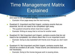 Time Management Matrix
Explained
S

Quadrant I, Important and Urgent, contains events that are essential
and need to be completed quickly.
S

S

Quadrant II, Important and Not Urgent, contains events that are
essential, but do not need to be completed right away.
S
S

S

This quadrant should be where most time is spent.
Example: Writing an essay that is not due for another week.

Quadrant III, Not Important and Urgent, contains events that do not
need to be completed, but others seem like it is an important event.
S

S

Example: A four page essay due the next morning.

Example: Going to play basketball with friends even though you don’t want
to.

Quadrant IV, Not Important and Not Urgent, contains events that
should be avoided at all costs. These events are distractions that are
not necessary.
S

Example: Going to the movies because work is causing stress.
4

 