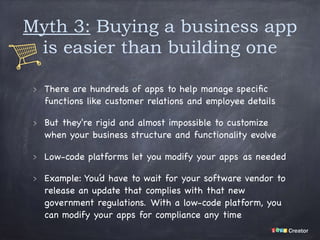 Myth 3: Buying a business app
is easier than building one
There are hundreds of apps to help manage speciﬁc
functions like customer relations and employee details

But they're rigid and almost impossible to customize
when your business structure and functionality evolve

Low-code platforms let you modify your apps as needed

Example: You’d have to wait for your software vendor to
release an update that complies with that new
government regulations. With a low-code platform, you
can modify your apps for compliance any time
 