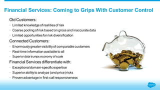Financial Services: Coming to Grips With Customer Control 
Old Customers: 
• Limited knowledge of realities of risk 
• Coarse pooling of risk based on gross and inaccurate data 
• Limited opportunities for risk diversification 
Connected Customers: 
• Enormously greater visibility of comparable customers 
• Real-time information available to all 
• Superior data trumps economy of scale 
Financial Services differentiate with: 
• Exceptional domain-specific expertise 
• Superior ability to analyze (and price) risks 
• Proven advantage in first-call responsiveness 
 
