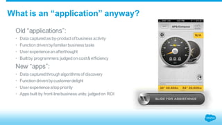 What is an “application” anyway? 
Old “applications”: 
• Data captured as by-product of business activity 
• Function driven by familiar business tasks 
• User experience an afterthought 
• Built by programmers; judged on cost & efficiency 
New “apps”: 
• Data captured through algorithms of discovery 
• Function driven by customer delight 
• User experience a top priority 
• Apps built by front-line business units; judged on ROI 
 
