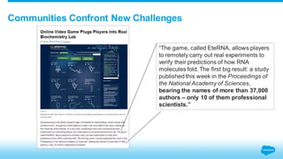 Communities Confront New Challenges 
“The game, called EteRNA, allows players 
to remotely carry out real experiments to 
verify their predictions of how RNA 
molecules fold. The first big result: a study 
published this week in the Proceedings of 
the National Academy of Sciences, 
bearing the names of more than 37,000 
authors – only 10 of them professional 
scientists.” 
 