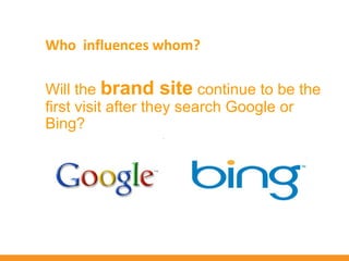 Who influences whom?

Will the brand site continue to be the
first visit after they search Google or
Bing?
 