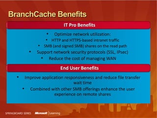 IT Pro BenefitsImproved manageability of remote users IT simplification and cost reductionConsistent security for all access scenariosSeamless & secure access to corporate resourcesConsistent connectivity experience in / out officeCombined  with other  Windows 7 features enhances the end to end IW experienceDirectAccess BenefitsEnd User Benefits