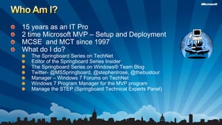 Who Am I?15 years as an IT Pro2 time Microsoft MVP – Setup and DeploymentMCSE  and MCT since 1997What do I do?The Springboard Series on TechNetEditor of the Springboard Series InsiderThe Springboard Series on Windows® Team BlogTwitter- @MSSpringboard, @stephenlrose, @thebustourManager – Windows 7 Forums on TechNetWindows 7 Program Manager for the MVP programManage the STEP (Springboard Technical Experts Panel)