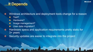 …It DependsWindows architecture and deployment tools change for a reasonTest?Hardware?Image management?User data migration?Hardware specs and application requirements pretty static for 3+ yearsSecurity updates are easier to integrate into the project