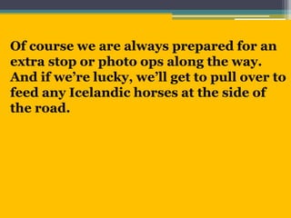 Of course we are always prepared for an
extra stop or photo ops along the way.
And if we’re lucky, we’ll get to pull over to
feed any Icelandic horses at the side of
the road.
 
