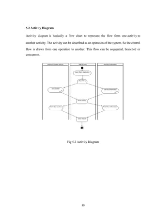 30
5.2 Activity Diagram
Activity diagram is basically a flow chart to represent the flow form one activity to
another activity. The activity can be described as an operation of the system. So the control
flow is drawn from one operation to another. This flow can be sequential, branched or
concurrent.
Fig 5.2 Activity Diagram
 