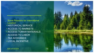 14
ADD A FOOTER
Some Reasons for International
Location
• HISTORICAL SERVICE
• ACCESS TO MARKETS
• ACCESS TORAW MATERIALS
• ACCESS TO LABOR
• TAX AVOIDANCE
• LOCAL INCENTIVE
 