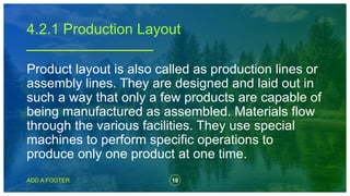 18
ADD A FOOTER
Product layout is also called as production lines or
assembly lines. They are designed and laid out in
such a way that only a few products are capable of
being manufactured as assembled. Materials flow
through the various facilities. They use special
machines to perform specific operations to
produce only one product at one time.
4.2.1 Production Layout
 