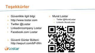 Teşekkürler
» Güvenlikle ilgili bilgi:
» http://www.lostar.com
• Twitter @Lostar
• Linkedin/company Lostar
• Facebook.com Lostar
» Güvenli Günler Bülteni:
http://eepurl.com/bP-tWn
» Murat Lostar
» Twitter @MuratLostar
» Linkedin MuratLostar
 