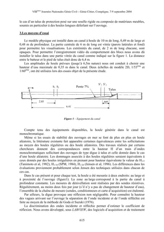 VIIIèmes Journées Nationales Génie Civil – Génie Côtier, Compiègne, 7-9 septembre 2004 
le cas d’un talus de protection posé sur une souille rigide ou composée de matériaux meubles, soumis en particulier à des houles longues déferlant sur l’ouvrage. 
3.Les moyens d’essai 
Le modèle physique est installé dans un canal à houle de 10 m de long, 0,49 m de large et 0,48 m de profondeur. La partie centrale de 6 m de long est vitrée (parois latérales et fond) pour permettre les visualisations. Les extrémités du canal, de 2 m de long chacune, sont opaques. Pour permettre l’enregistrement vidéo du comportement des blocs nous avons dû installer le talus dans une partie vitrée du canal comme indiqué sur la figure 1. La distance entre le batteur et le pied de talus était donc de 6,4 m. 
Les amplitudes de houle prévues (jusqu’à 6,5m nature) nous ont conduit à choisir une hauteur d’eau maximale de 0,35 m dans le canal. Deux échelles de modèle 2D, 1/53ème et 1/60ème, ont été utilisées lors des essais objet de la présente étude. 
S1 S2 
6.41 
2.05 
S’1 S’2 
Talus 
Pente7% 
Figure 1 – Equipement du canal 
Compte tenu des équipements disponibles, la houle générée dans le canal est monochromatique. 
Même si les essais de stabilité des ouvrages en mer se font de plus en plus en houle aléatoire, la littérature existante fait apparaître certaines équivalences entre les sollicitations au moyen des houles régulières ou des houle aléatoires. Des travaux réalisés par certains chercheurs donnent des correspondances entre la hauteur H d’un train d’ondes monochromatiques sollicitant des ouvrages de type digue à talus et celle donnée dans le cas d’une houle aléatoire. Les dommages associés à des houles régulières seraient équivalents à ceux donnés par des houles irrégulières en prenant pour hauteur équivalente la valeur de H1/5 (Tanimoto et al, 1982), H1/10 (SPM, 1984), H1/20 (Jensen et al, 1996). Les différences dans les évaluations proviennent probablement selon Jensen des techniques utilisées dans chacun de ces cas. 
Dans le cas présent et pour chaque test, la houle a été mesurée à deux endroits: au large et à proximité de l’ouvrage (figure1). La zone au large correspond à la partie du canal à profondeur constante. Les mesures de dénivellation sont réalisées par des sondes résistives. Régulièrement, au moins deux fois par jour (s’il n’y a pas de changement de hauteur d’eau), l’ensemble de la chaîne de mesure (sondes, conditionneurs et carte d’acquisition) est étalonné. 
Par ailleurs, la digue provoque une réflexion non négligeable. Pour connaître la hauteur des vagues arrivant sur l’ouvrage la séparation de l’onde incidente et de l’onde réfléchie est faite au moyen de la méthode de Goda et Suzuki (1976). 
La discrimination des ondes incidente et réfléchie permet d’estimer le coefficient de réflexion. Nous avons développé, sous LABVIEW, des logiciels d’acquisition et de traitement 
615 
 
