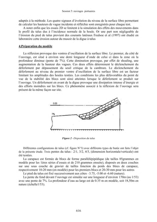 Session 5: ouvrages portuaires 
adaptés à la méthode. Les quatre signaux d’évolution du niveau de la surface libre permettant de calculer les hauteurs de vague incidente et réfléchie sont enregistrés pour chaque test. 
A noter enfin que les essais 2D se limitent à la simulation des effets des mouvements dans le profil du talus dus à l’incidence normale de la houle. Or une part non négligeable de l’érosion du pied de talus provient des courants latéraux Fredsoe et al (1997) ont étudié en laboratoire cette érosion autour du musoir de la digue à talus 
4.Préparation du modèle 
La réflexion provoque des ventres d’oscillation de la surface libre. Le premier, du côté de l’ouvrage, est situé à environ une demi longueur d’onde de celui ci dans la zone où la profondeur diminue (pente de 7%). Cette diminution provoque, par effet de shoaling, une augmentation de la hauteur des vagues. Ces deux effets déterminent le déclenchement du déferlement par dépassement du seuil critique de la cambrure. Le déclenchement du déferlement au niveau du premier ventre d’oscillation de la surface libre est un facteur limitant les amplitudes des houles testées. Les conditions les plus défavorables du point de vue de la stabilité des blocs sont ainsi atteintes lorsque le déferlement se produit sur l’ouvrage. Un déferlement en avant de la digue provoque une dissipation intense d’énergie et des efforts moindres sur les blocs. Ce phénomène associé à la réflexion de l’ouvrage sera présent de la même façon sur site. 
Figure 2 –Disposition du talus 
Différentes configurations de talus (cf. figure N°3) avec différents types de butée ont faits l’objet de la présente étude. Trois pentes du talus : 2/1, 3/2, 4/3, (dimension horizontale/verticale) ont été testées. 
La carapace est formée de blocs de forme parallélépipédique (de tailles 85grammes en modèle pour les 1ères séries d’essais et de 210 grammes ensuite), disposés en deux couches sur une sous couche de gravier de tailles fonction du poids des blocs de carapace, respectivement 10-20 mm (en modèle) pour les premiers blocs et 20-30 mm pour les autres 
Le pied du talus est fixé successivement aux côtes –3.75, -5.00 et -6.60 (nature). 
La pente du fond devant l’ouvrage est simulée sur une longueur d’environ 170m (au 1/53) avec une pente de 7%. La profondeur d’eau au large est de 0.35 m en modèle, soit 18,50m en nature (échelle1/53). 
616 
 
