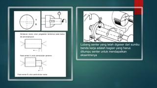 Lubang senter yang telah digeser dari sumbu
benda kerja adalah bagian yang harus
ditumpu senter untuk mendapatkan
eksentrisnya
 