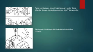 Pada pembubutan eksentrik pergeseran senter dapat
ditandai dengan kongkol penggores, blok V dan penyiku
Pembuatan lubang senter dilakukan di mesin bor.
Lubang
 