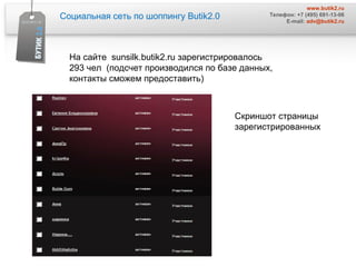 Социальная сеть по шоппингу  Butik2.0 www.butik2.ru Телефон: +7 (495) 691-13-06 E-mail:  [email_address] На сайте  sunsilk.butik2.ru  зарегистрировалось 293 чел  (подсчет производился по базе данных, контакты сможем предоставить) Скриншот страницы зарегистрированных 