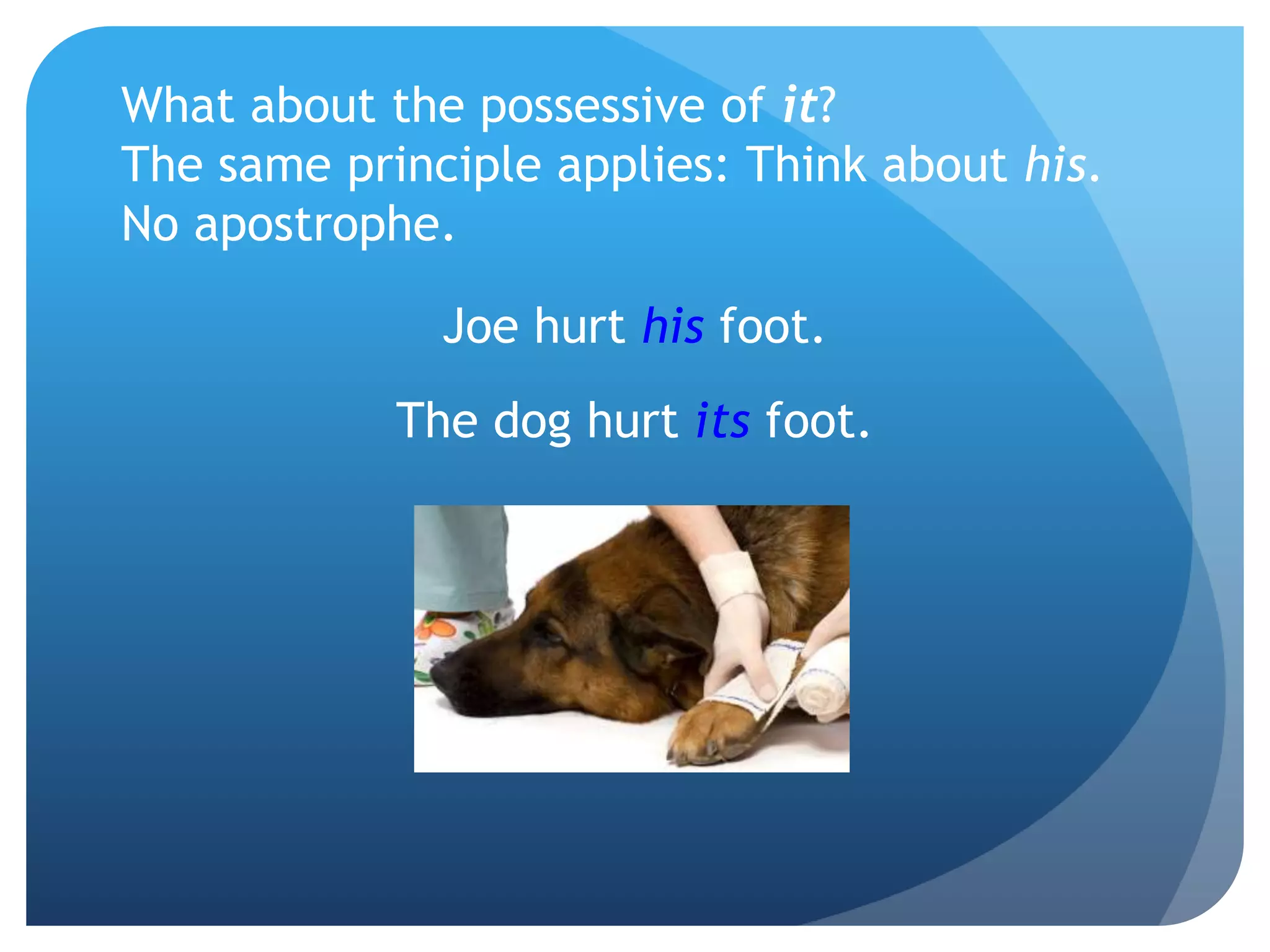 What about the possessive of it?
The same principle applies: Think about his.
No apostrophe.
Joe hurt his foot.
The dog hurt its foot.
 