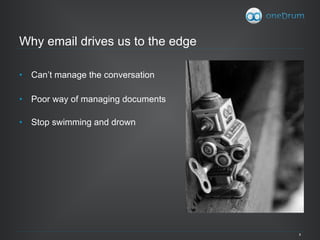 Why email drives us to the edge Can’t manage the conversation Poor way of managing documents Stop swimming and drown 