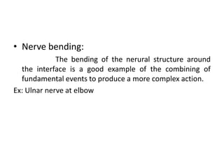 • Nerve bending:
The bending of the nerural structure around
the interface is a good example of the combining of
fundamental events to produce a more complex action.
Ex: Ulnar nerve at elbow

 
