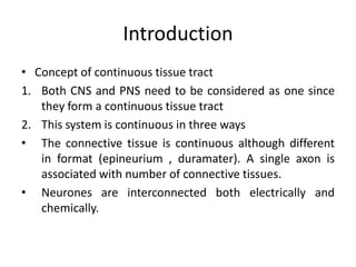 Introduction
• Concept of continuous tissue tract
1. Both CNS and PNS need to be considered as one since
they form a continuous tissue tract
2. This system is continuous in three ways
• The connective tissue is continuous although different
in format (epineurium , duramater). A single axon is
associated with number of connective tissues.
• Neurones are interconnected both electrically and
chemically.

 