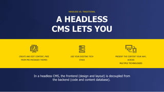 CREATE AND EDIT CONTENT, FREE
FROM PRE-PACKAGED THEMES
USE YOUR EXISTING TECH
STACK
PRESENT THE CONTENT YOUR WAY,
ACROSS
MULTIPLE TECHNOLOGIES
A HEADLESS
CMS LETS YOU
HEADLESS VS. TRADITIONAL
In a headless CMS, the frontend (design and layout) is decoupled from
the backend (code and content database).
 