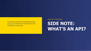 SIDE NOTE:
WHAT’S AN API?
HEADLESS VS. TRADITIONAL
API STANDS FOR APPLICATION PROGRAMMING INTERFACE.
THIS ARTICLE CONTAINS A GREAT EXPLANATION OF WHAT
AN API DOES, IN PLAIN ENGLISH.
 