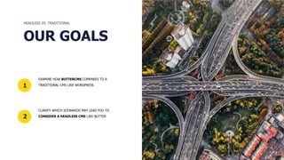 1
2
EXAMINE HOW BUTTERCMS COMPARES TO A
TRADITIONAL CMS LIKE WORDPRESS
CLARIFY WHICH SCENARIOS MAY LEAD YOU TO
CONSIDER A HEADLESS CMS LIKE BUTTER
OUR GOALS
HEADLESS VS. TRADITIONAL
 