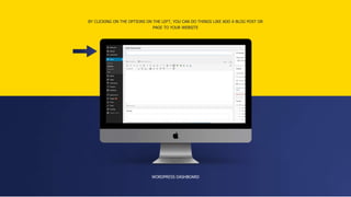 WORDPRESS DASHBOARD
BY CLICKING ON THE OPTIONS ON THE LEFT, YOU CAN DO THINGS LIKE ADD A BLOG POST OR
PAGE TO YOUR WEBSITE
 