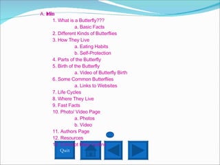 Quit Butterflies A.  Main Page 1. What is a Butterfly??? a. Basic Facts 2. Different Kinds of Butterflies 3. How They Live a. Eating Habits b. Self-Protection 4. Parts of the Butterfly 5. Birth of the Butterfly a. Video of Butterfly Birth 6. Some Common Butterflies a. Links to Websites 7. Life Cycles 8. Where They Live 9. Fast Facts 10. Photo/ Video Page a. Photos b. Video 11. Authors Page 12. Resources  13. Concept Map/ Outline  