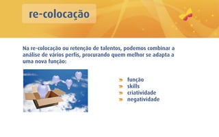 re-colocação

Na re-colocação ou retenção de talentos, podemos combinar a
análise de vários perfis, procurando quem melhor se adapta a
uma nova função:


                                         função
                                         skills
                                         criatividade
                                         negatividade
 