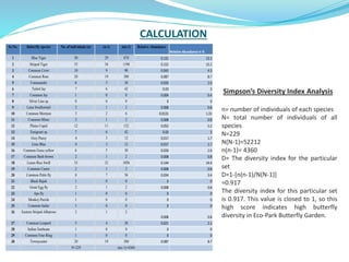 CALCULATION
Sr.No. Butterfly species No. of individuals (n) (n-1) n(n-1) Relative Abundance
Relative Abundance in %
1 Blue Tiger 30 29 870 0.131 13.1
2 Striped Tiger 35 34 1190 0.152 15.2
3 Common Crow 10 9 90 0.043 4.3
4 Common Rose 20 19 380 0.087 8.7
5 Commander 6 5 30 0.026 2.6
6 Tailed Jay 7 6 42 0.03 3
7 Common Jay 1 0 0 0.004 0.4
8 Silver Line sp. 0 0 0 0 0
9 Lime Swallowtail 2 1 2 0.008 0.8
10 Common Mormon 3 2 6 0.0131 1.31
11 Common Mime 2 1 2 0.008 0.8
12 Plains Cupid 12 11 132 0.052 5.2
13 Emigrant sp. 7 6 42 0.03 3
14 Grey Pansy 4 3 12 0.017 1.7
15 Lime Blue 4 3 12 0.017 1.7
16 Common Grass yellow 6 5 30 0.026 2.6
17 Common Bush brown 2 1 2 0.008 0.8
18 Lesser Rice Swift 33 32 1056 0.144 14.4
19 Common Castor 2 1 2 0.008 0.8
20 Common Palm fly 8 7 56 0.034 3.4
21 Black Rajah 1 0 0 0 0
22 Great Egg fly 2 1 2 0.008 0.8
23 Ape fly 1 0 0 0 0
24 Monkey Puzzle 1 0 0 0 0
25 Common Sailer 1 0 0 0 0
26 Eastern Striped Albatross 2 1 2
0.008 0.8
27 Common Leopard 5 4 20 0.021 2.1
28 Indian Sunbeam 1 0 0 0 0
29 Common Four Ring 1 0 0 0 0
30 Townycoster 20 19 380 0.087 8.7
N=229 n(n-1)=4360
Simpson’s Diversity Index Analysis
n= number of individuals of each species
N= total number of individuals of all
species
N=229
N(N-1)=52212
n(n-1)= 4360
D= The diversity index for the particular
set
D=1-[n(n-1)/N(N-1)]
=0.917
The diversity index for this particular set
is 0.917. This value is closed to 1, so this
high score indicates high butterfly
diversity in Eco-Park Butterfly Garden.
 