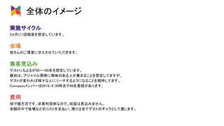 全体のイメージ 
実施サイクル 
2ヵ月に1回程度を想定しています。 
 
会場 
皆さんのご厚意に甘えさせていただきます。 
 
集客見込み 
ゲストにもよるが50〜100名を想定しています。 
最初は、アジャイル開発に興味のある人が集まることを想定してますが、 
ゲストが変われば様々な人にリーチするようになることを期待してます。 
Connpassメンバーは2019/4/30時点で48名登録があります。 
 
費用 
投げ銭方式です。非営利団体なので、収益は見込みません。 
金額の中で会場などのコストを支払い、残りは全てゲストのギャラとして渡します。 
 