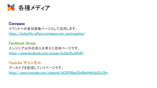 各種メディア 
Connpass 
イベントへの参加募集ページとして活用します。 
https://butterfly-effect.connpass.com/participation/ 
 
Facebook Group 
エンジニア以外の流入を考えた告知ページです。 
https://www.facebook.com/groups/butterfly.effe9t/ 
 
Youtube チャンネル 
アーカイブを配信していくページです。 
https://www.youtube.com/channel/UC3PXBwC0sNbyH4mIzXZrC9w 
 