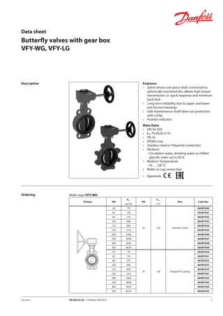 1VD.HD.S3.02 © Danfoss 09/2013DEN-SMT/SI
Butterfly valves with gear box
VFY-WG, VFY-LG
Data sheet
Ordering
Description Features:
• 	 Spline driven one piece shaft connected to
spherically machined disc allows high torque
transmission i.e. quick response and minimum
back-lash
• 	 Long term reliability due to upper and lower
anti-friction bearings
• 	 Safe maintenance: shaft blow out protection
with circlip
• 	 Position indicator
Main Data:
• 	 DN 50-350
• 	 kVS 79-8520 m3
/h
• 	 PN 16
• 	 EPDM Liner
• 	 Stainless steel or Polyamid coated disc
• 	 Medium:
- Circulation water, drinking water or chilled
glycolic water up to 50 %
• 	 Medium Temperature:
−10 … 120 °C
• 	 Wafer or Lug connection
• 	 Approvals
PED 97/23/CE
Wafer type VFY-WG
Picture DN
kVS
PN
Tmax
Disc Code No.
(m3
/h) (°C)
XX
X
50 79
16 120 Stainless Steel
065B7440
65 174 065B7441
80 275 065B7442
100 496 065B7443
125 883 065B7444
150 1212 065B7445
200 2500 065B7446
250 3948 065B7447
300 5635 065B7448
350 8520 065B7449
50 79
16 120 Polyamid Coating
065B7430
65 174 065B7431
80 275 065B7432
100 496 065B7433
125 883 065B7434
150 1212 065B7361
200 2500 065B7362
250 3948 065B7363
300 5635 065B7364
350 8520 065B7435
 