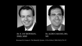 Dr. S. JAY BOWMAN,
DMD, MSD
Dr. ALDO CARANO, DO,
MS
Bowman SJ, Carano A. The Butterfly System. J Clin Orthod. 2004;38(5):274–87.
 