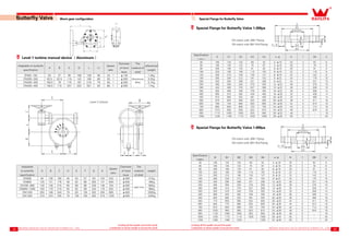 19 20
Creating all this wealth around the world
Contribution to all the wealth of around the world
Creating all this wealth around the world
Contribution to all the wealth of around the world
Worm gear configuration
Level 1 turbine manual device （Aluminum）
Adaptable to butterfly
specification
A B C D L L1
Speed
ratio
Diameter
of hand
lever
The
material of
shell
referenced
weight
DN50-150 63 37 90 108 128 50 24：1 φ140
Aluminum
alloy
1.4Kg
DN200-250 82.5 52.5 119 142 180 60 30：1 φ300 3.2Kg
DN300-350 108.5 78 175 187 218 70 50：1 φ300 5.1Kg
DN400-450 148.5 115 257 252 301 94 80：1 φ350 11Kg
Adaptable
to butterfly
specification
A B C H E F G K
Speed
ratio
Diameter
of hand
lever
The
material
of shell
weight
DN500 94 105 160 45 53 57 181 104 532：1 φ300
cast iron
31Kg
DN600 125 131 176 46 62 66 200 131 640：1 φ400 48Kg
DN700-800 140 146 215 55 69 88 228 146 704：1 φ400 80Kg
DN900-1000 163 170 215 55 82 88 243 170 832：1 φ450 96Kg
DN1200 263 180 240 70 83 126 302 250 800：1 φ450 205Kg
DN1400 316 223 255 70 130 150 393 319 1320：1 φ500 420Kg
Butterfly Valve
Lever 2 reducer
Special Flange for Butterfly Valve
Specification
（mm）
D D1 D2 D3 D4 n-φ H f D5 b
50 165 125 102 59 52 4-φ18 20 3 62 8
65 185 145 122 75 67 4-φ18 20 3 78 8
80 200 160 133 91 82 8-φ18 20 3 91 8
100 220 180 158 110 102 8-φ18 22 3 116 8
125 250 210 184 135 127 8-φ18 22 3 142 8
150 285 240 212 161 152 8-φ22 24 3 170 10
200 340 295 268 221 208 8-φ22 24 3 221 10
250 395 350 320 275 255 12-φ22 26 3 275 10
300 445 400 370 327 308 12-φ22 28 4 326 10
350 505 460 430 379 355 16-φ22 30 4 358 14
400 565 515 482 429 405 16-φ26 32 4 409 14
450 615 565 532 481 455 20-φ26 34 4 460 14
500 670 620 585 532 505 20-φ26 38 4 511 16
600 780 725 685 633 605 20-φ30 42 5 613 16
700 895 840 800 723 705 24-φ30 44 5 714 18
800 1015 950 905 823 810 24-φ33 46 5 816 18
900 1115 1050 1005 925 900 28-φ33 48 5 - 18
1000 1230 1160 1110 1025 1000 28-φ36 50 5 - 20
Specification
（mm）
D D1 D2 D3 D4 n-φ H f D5 b
50 165 125 102 59 52 4-φ18 20 3 62 8
65 185 145 122 75 67 4-φ18 20 3 78 8
80 200 160 133 91 82 8-φ18 20 3 91 8
100 220 180 158 110 102 8-φ18 22 3 116 8
125 250 210 184 135 127 8-φ18 22 3 142 8
150 285 240 212 161 152 8-φ22 24 3 170 10
200 340 295 268 221 208 12-φ22 26 3 221 10
250 405 355 320 275 255 12-φ26 29 3 275 10
300 460 410 370 327 308 12-φ26 32 4 326 14
350 520 470 430 379 355 16-φ26 34 4 358 14
400 580 525 482 429 405 16-φ30 36 4 409 14
450 640 585 532 481 455 20-φ30 38 4 460 16
500 715 650 585 532 505 20-φ33 42 4 511 16
600 840 770 685 633 605 20-φ36 44 5 613 18
700 910 840 800 723 705 24-φ36 44 5 714 18
800 1025 950 905 823 810 24-φ39 46 5 816 18
900 1125 1050 1005 925 900 28-φ39 48 5 - 18
1000 1255 1170 1110 1025 1000 28-φ42 50 5 - 20
1200 1485 1390 1328 - 1200 32-φ48 60 5 - 25
Special Flange for Butterfly Valve 1.0Mpa
Special Flange for Butterfly Valve 1.6Mpa
	 D3 match with JB81 Piping
	 D5 match with B9119.8 Piping
	 D3 match with JB81 Piping
	 D5 match with B9119.8 Piping
 
