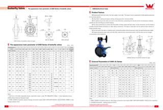 5 6
Creating all this wealth around the world
Contribution to all the wealth of around the world
Creating all this wealth around the world
Contribution to all the wealth of around the world
Note：
1. Each box in the table separately shows parameter values under PN1.0Mpa/PN1.6 Map.L1 value separately shows
ANSI(Left)and National Standard (right)
2. DN50-DN300 of butterfly valves of flange connection meets GB9113(PN10/PN16)ANSI 150LB.DN350-DN600 of side
flange as above chart.
The appearance main parameter of 220D Series of butterfly valves
Specification
D N H1 H2 H3 H4 D1 D2 Φ1 Φ2 Φ3 n-Φ4 Φ5 L1 L2 B1 B
Total
Weight
(mm) (inch) （Kg）
50 2〃 70 130 30 22 - 92 12.6 50 65 4-7 - 42 32 3 9 2.1
65 2.5〃 76 143 30 22 - 106 12.6 50 65 4-7 - 45 47 3 9 2.4
80 3〃 89 155 30 22 - 122 12.6 50 65 4-7 - 45 65 3 9 2.6
100 4〃 104 170 30 - - 150 15.8 70 90 4- 10 - 52 91 5 - 4.5
125 5〃 120 190 30 - - 177 19 70 90 4-10 - 55 112 5 - 6.8
150 6〃 132 210 30 - - 204 19 70 90 4-10 - 56 146 5 - 8.3
200 8〃 167 243 39 - - 260 22.1 102 125 4-12 - 61 194 5 - 13
250 10〃 202 282 39 -
-
314 28.5 102 125 4-12
-
66 242 8 - 18.8
- -
300 12〃 239 310 39 -
-
370 31.7 125 150 4-14
-
77 292 8 - 29
- -
350 14〃 265 368 39 -
460
422 31.7 125 150 4-14
23
77 325 8 - 39
470 26
400 16〃 320 400 72 -
515
473 33.2 140 175 4-18
26
86.5/102 380 10 - 58
525 30
450 18〃 335 422 72 -
565
526 38 140 175 4-18
26
105.6/112 428 10 - 72
585 30
500 20〃 371 480 82 -
620
577 41.2 165 210 4-22
26
131.8/126 474 10 - 128
650 33
600 24〃 470 562 82 -
725
693 50.7 165 210 4-22
30
152 573 16 - 178
770 36
The appearance main parameter of 220D Series of butterfly valves
Unit：mm
SpecificationDN
H1 H2 H3 H4
D1
D2 Φ1 Φ2 Φ3 n-Φ4
Φ5
L1 L2 B1 B
(mm) (inch) PN1.0 PN1.6 PN1.0 PN1.6
25 1“ 92 41 - 18 85 85 70 9.5 42 55 4-6 14 14 32.7 2 - 7
32 1.25“ 92 41 - 18 100 100 70 9.5 42 55 4-6 18 18 32.7 2 - 7
40 1.5“ 98 45 - 18 110 110 78 9.5 42 55 4-6 18 18 32.7 25.3 - 7
50 2“ 70 130 30 22 - - 92 12.6 50 65 4-7 - - 42.6 32 3 9
65 2.5“ 76 143 30 22 - - 106 12.6 50 65 4-7 - - 45.6 47 3 9
80 3“ 89 155 30 22 - - 122 12.6 50 65 4-7 - - 45.6 65 3 9
100 4“ 104 170 30 - - - 150 15.8 70 90 4-10 - - 51.6 91 5 -
125 5“ 120 190 30 - - - 177 19 70 90 4-10 - - 55.6 112 5 -
150 6“ 132 210 30 - - - 204 19 70 90 4-10 - - 55.6 146 5 -
200 8“ 167 243 39 - - - 260 22.1 102 125 4-12 - - 59.6 194 5 -
250 10“ 202 282 39 - - - 314 28.5 102 125 4-12 - - 67.6 242 8 -
300 12“ 239 310 39 - - - 370 31.7 125 150 4-14 - - 77.6 292 8 -
External Parameters of 240D (A) Series
Product Feature
★Adopting light aluminum body, the total weight is very light. This type of valve is applicable for light pipeline,especially
for nonmetal pipeline.
★Using Nylon coating and epoxy coating, having good anti-corrosive ability.
★The sealing ring on the stem can work in two directions, preventing not only the inrush of extraneous material
outside but also the effuse of inside material.
★The valve connection is current with the platen of three-piece type ball valve, so the connection can be inside or
outside screwed thread connection or collar clamp connection. This type of valve also can be used as three-pieces of
flange butterfly valve.
★The inner hole of the stem is coated by nylon, solving the problem that the aluminum hasn't the good anticorrosion ability.
★Tongue and groove seat make sure the body, seat and disc connected exactly, and the seat can be changed
conveniently at the meantime.
Note：
1. DN50-DN300 of butterfly valves of side flange connection hole meets GB9113(PN10/PN16)ANSI 150LB at the meantime
2. ≥DN200 forbutterfly sealing pressure≤PN10
Unit：mm
240D(A)Aluminum bodyButterfly Valve
220D Series of butterfly valves (A type)
240D(A) Series of butterfly valves (A type)
 