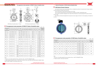9 10
Creating all this wealth around the world
Contribution to all the wealth of around the world
Creating all this wealth around the world
Contribution to all the wealth of around the world
Specification
D N H1 H2 H3 H4 D1
D2
Φ1 Φ2 Φ3 n-Φ4 Φ5 L1 B1 B n-M
Referenced
weight kg
(mm) (inch) A LT A LT
50 2〃 70 130 30 22 - 92 155 12.6 50 65 4-7 - 42.6 3 9 4-M16 2.1 2.9
65 2.5〃 76 143 30 22 - 106 175 12.6 50 65 4-7 - 45.6 3 9 4-M16 2.4 3.7
80 3〃 89 155 30 22 - 122 190 12.6 50 65 4-7 - 45.6 3 9 8-M16 2.6 4.7
100 4〃 104 170 30 - - 150 214 15.8 70 90 4-10 - 51.6 5 - 8-M16 4.5 7
125 5〃 120 190 30 - - 177 252 19 70 90 4-10 - 55.6 5 - 8-M16 6.8 11
150 6〃 132 210 30 - - 204 282 19 70 90 4-10 - 55.6 5 - 8-M20 8.3 12
200 8〃 167 243 39 - - 260 337 22.1 102 125 4-12 - 59.6 5 -
8-M20 13
16.2
12-M20 18.3
250 10〃 202 282 39 -
-
314 405 28.5 102 125 4-12
-
67.6 8 -
12-M20
18.8 25.2
- - 12-M24
300 12〃 239 310 39 -
-
370 460 31.7 125 150 4-14
-
77.6 8 -
12-M20
29 34.3
- - 12-M24
350 14〃 265 345 39 -
460
422 524 31.7 125 150 4-14
23
79 8 -
16-M20
41 56
470 26 16-M24
400 16〃 310 377 72 -
515
473 585 33.2 140 175 4-18
26
105 10 -
16-M24
61 96
525 30 16-M27
450 18〃 328 412 72 -
565
530 645 38 140 175 4-18
26
112 10 -
20-M24
79 122
585 30 20-M27
500 20〃 379 440 82 -
620
589 714 41.2 165 210 4-22
26
129 10 -
20-M24
128 202
650 33 20-M30
600 24〃 470 562 82 -
725
700 830 50.7 165 210 4-22
30
154 16 -
20-M27
188 270
770 36 20-M33
The appearance main parameter of 270D/271 Series of butterfly valves
Note：
1. Each box in the table separately shows parameter values under PN1.0Mpa/PN1.6 Map.
2. DN50-DN300 of butterfly valves of 270D Series of butterfly valves meets GB9113(PN10/PN16)/JIS 10K/ANSI 150LB
table E.DN350-DN600 of side flange as above chart.
Unit：mm
External Parameters of 310D Centerline Butterfly Valve
310D Series Product Features
★ Centerline butterfly valve double flanged with pin is designed according to the requirements of large-scale pip
net, and it belongs to butterfly valve of pip net.
★ The valve body can endure high pip pressure, and is safer.
★ The cylinder style seat,Aluminum alloy backrest is available for DN 400-1200 Butterfly Valve.
★ The stem of butterfly is designed to one-piece with the features of counter bending and the open and close
torque is little.
★ In order to eliminate the displacement aroused by the disc weight, and there is a thrust bearing in the bottom of
the stem.
The appearance main parameter of 310D Series of butterfly valves
Note：
1.Each box in the table separately shows parameter values under PN1.0Mpa/PN1.6 Map.
2. Flange connection: wafer type connection.
Specification
D N H1 H2 H3 D1 Φ1 Φ2 Φ3 8-Φ4 n-Φ5 4-M L1 B1
Referenced
weight kg
(mm) (inch)
700 28" 520 626 82 840 63.4 254 300 8-Φ18
20-Φ30 4-M27
163 18 284
20-Φ36 4-M33
800 32" 591 709 82 950 63.4 254 300 8-Φ18
20-Φ33 4-M30
188 18 368
20-Φ39 4-M36
900 36" 656 720 118 1050 75 254 300 8-Φ18
24-Φ33 4-M30
203 20 713
24-Φ39 4-M36
1000 40" 721 800 142
1160
85 254 300 8-Φ18
24-Φ36 4-M33
216 22 865
1170 24-Φ42 4-M39
1200 48" 844 941 142
1380
105 298 350 8-Φ22
28-Φ39 4-M36
276 28 1545
1390 28-Φ48 4-M45
Unit：mm
Butterfly Valve
270D Series of butterfly valves（A Type） 271D Series of butterfly valves（LT Type）
The appearance main parameter of 270D/271 Series of butterfly valves
 