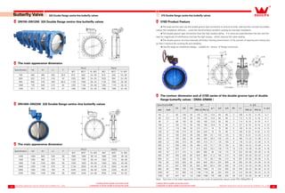 13 14
Creating all this wealth around the world
Contribution to all the wealth of around the world
Creating all this wealth around the world
Contribution to all the wealth of around the world
The main appearance dimension
DN1400-DN2200 320 Double flange centre-line butterfly valves
Specification H2 H1 L1 F
PN10 PN16
ΦD ΦD1 N-Φ5 ΦD ΦD1 N-Φ5
1400 1000 925 530 60 1685 1590 36-44 1685 1590 36-48
1500 1050 950 570 78 1820 1700 36-44 1820 1710 36-56
1600 1150 1045 600 65 1930 1820 40-50 1930 1820 40-56
1800 1200 1156 670 70 2130 2020 44-50 2130 2020 44-56
2000 1363 1350 760 75 2345 2230 48-50 2345 2230 48-62
2200 1500 1430 636 85 2555 2440 52-56 2555 2440 52-62
DN700-DN1200 320 Double flange centre-line butterfly valves
The main appearance dimension
Specification H2 H1 L1 F
PN10 PN16
ΦD ΦD1 N-Φ5 ΦD ΦD1 N-Φ5
700 560 465 292 39.5 910 840 24-30 910 840 24-36
800 620 519 318 43 1025 950 24-33 1025 950 24-39
900 692 576 330 46.5 1125 1050 28-33 1125 1050 28-39
1000 735 640 410 50 1255 1160 28-36 1255 1170 28-42
1200 917 783 470 57 1485 1380 32-39 1485 1390 32-48
320 Double flange centre-line butterfly valves 370 Double flange centre-line butterfly valves
SpecificationDN
H1 H2 H3
D1
φ1 φ2 φ3 B1 L1
n-φ5
n-φ4
mm inch PN1.0 PN1.6 PN1.0 PN1.6
50 2＂ 62 130 30 125 125 12.6 50 65 3 108 4-18 4-18 4-7
65 2.5＂ 73 145 30 145 145 12.6 50 65 3 112 4-18 4-18 4-7
80 3＂ 85 155 30 160 160 12.6 50 65 3 114 8-18 8-18 4-7
100 4＂ 102 170 30 180 180 15.8 70 90 5 127 8-18 8-18 4-10
125 5＂ 116 190 30 210 210 19 70 90 5 140 8-18 8-18 4-10
150 6＂ 130 210 30 240 240 19 70 90 5 140 8-22 8-22 4-10
200 8＂ 160 243 39 295 295 22.1 102 125 5 152 8-22 12-22 4-12
250 10＂ 193 282 39 350 355 28.5 102 125 8 165 12-22 12-26 4-12
300 12＂ 230 310 39 400 410 31.7 125 150 8 178 12-22 12-26 4-14
350 14＂ 256 345 39 460 470 31.7 125 150 8 190 16-22 16-26 4-14
400 16＂ 283 377 72 515 525 33.2 140 175 10 216 16-26 16-30 4-18
450 18＂ 317 375 72 565 585 38 140 175 10 222 20-26 20-30 4-18
500 20＂ 355 430 82 620 650 41.2 165 210 10 229 20-26 20-33 4-22
600 24＂ 410 500 82 725 770 50.7 165 210 16 267 20-30 20-36 4-22
700 28＂ 520 626 82 840 840 63.4 254 300 18 292 24-30 24-36 8-18
800 32＂ 591 709 82 950 950 63.4 254 300 18 318 24-33 24-39 8-18
900 36＂ 656 720 118 1050 1050 75 254 300 20 330 28-33 28-39 8-18
1000 40＂ 721 800 142 1160 1170 85 254 300 22 410 28-36 28-42 8-18
1200 48＂ 844 941 142 1380 1390 105 298 350 28 470 32-39 32-48 8-22
370D Product Feature
★The body and the seat use the double groove type connection to ensure he body ,seat and disc connect accurately，
reduce the installation difficulty ，solve the transformation problem causing by improper installation.
★The double groove type connection have the high location ability，It is more accurate between the disc and the
seat for magnitude of interference and has the light torque，which improve the valve sealing .
★The double groove structure basically eliminate crawling phenomenon in the process of opening and closing disc
so that it improve the working life and reliability.
★Use the large arc streamline design，suitable for various of flange connection.
The contour dimension and of 370D series of the double groove type of double
flange butterfly valves（DN50-DN600）
Note：Each box in the table separately shows two kinds of parameter values under PN1.0Mpa/PN1.6
Butterfly Valve
 