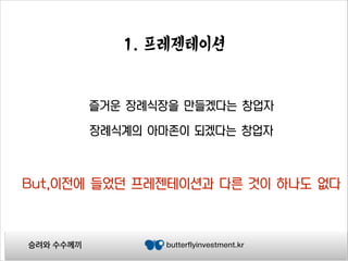 1. 프레젠테이션

즐거운 장례식장을 만들겠다는 창업자
장례식계의 아마존이 되겠다는 창업자

But,이전에 들었던 프레젠테이션과 다른 것이 하나도 없다

승려와 수수께끼

butterflyinvestment.kr

 