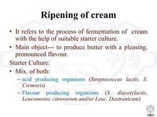 Ripening of cream
• It refers to the process of fermentation of cream
with the help of suitable starter culture.
• Main object--- to produce butter with a pleasing,
pronounced flavour.
Starter Culture:
• Mix. of both:
– acid producing organisms (Streptococcus lactis, S.
Cremoris)
– Flavour producing organisms (S. diacetylactis,
Leuconostoc citrovorum and/or Leuc. Dextranicum)
 