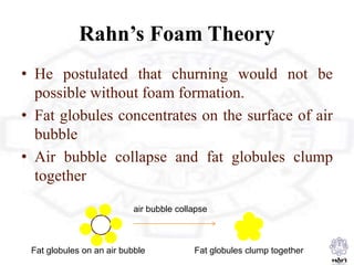 Rahn’s Foam Theory
• He postulated that churning would not be
possible without foam formation.
• Fat globules concentrates on the surface of air
bubble
• Air bubble collapse and fat globules clump
together
Fat globules on an air bubble
air bubble collapse
Fat globules clump together
 